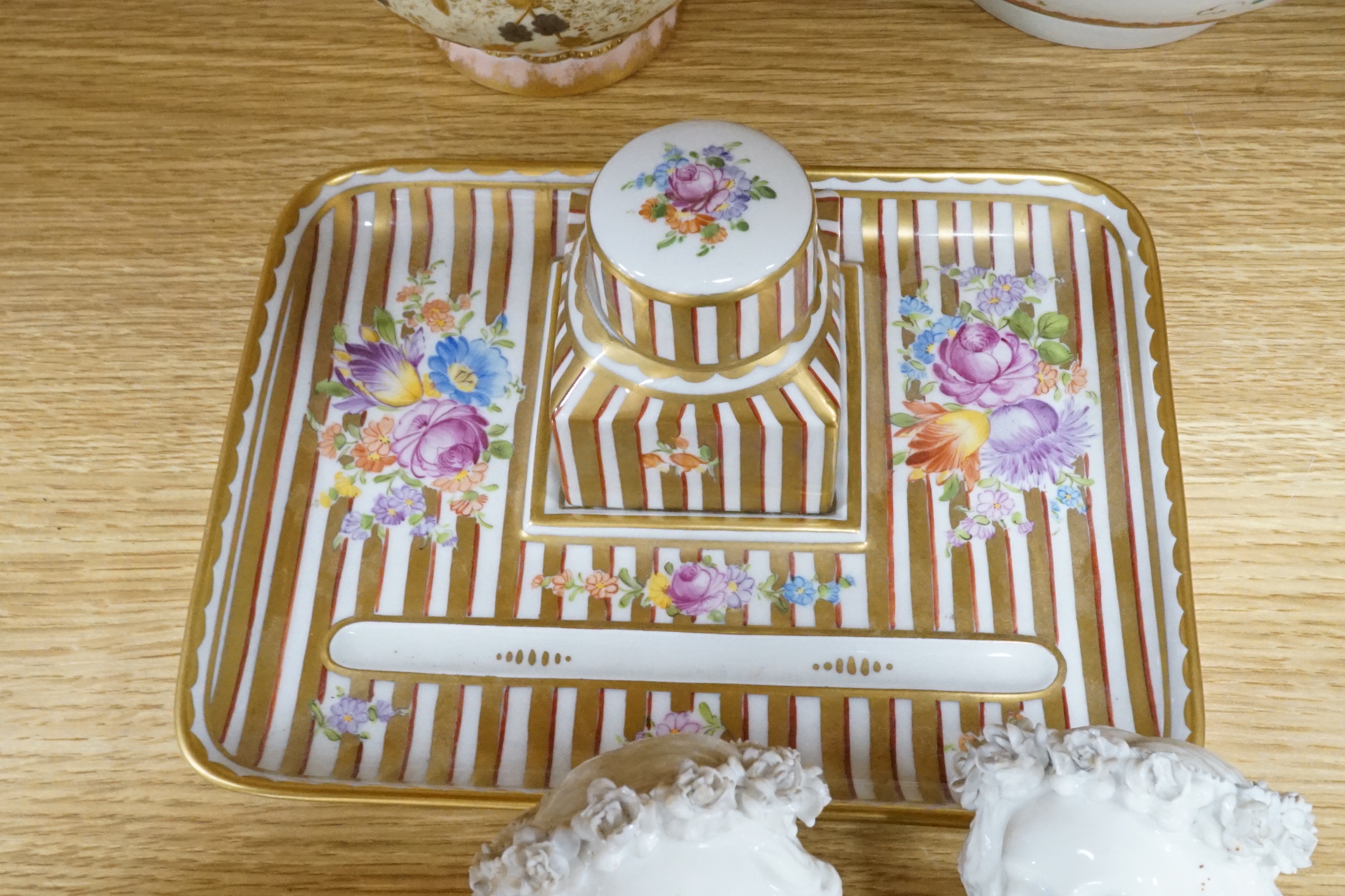 A 19th century Chinese enamelled porcelain bowl made for the Thai market, a Limoges vase, an inkstand, a Samson bowl and an angelic wall pocket, wall pocket approximately 42cm high (5)